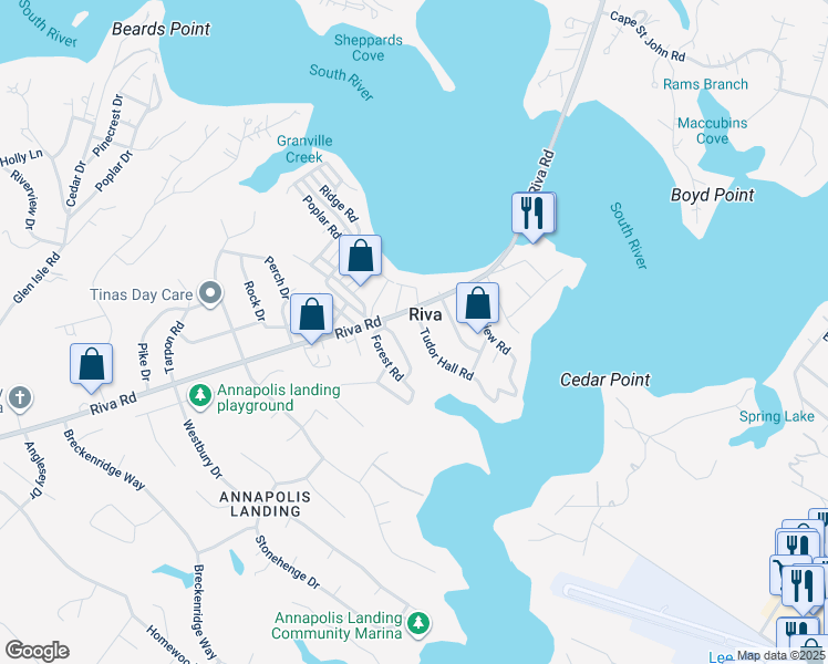 map of restaurants, bars, coffee shops, grocery stores, and more near 3052 Tudor Hall Road in Riva