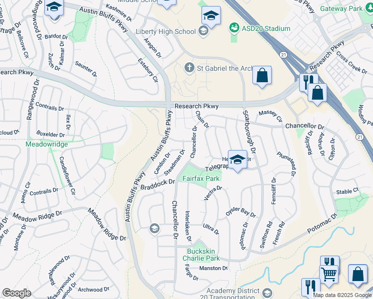 map of restaurants, bars, coffee shops, grocery stores, and more near 8345 Steadman Drive in Colorado Springs