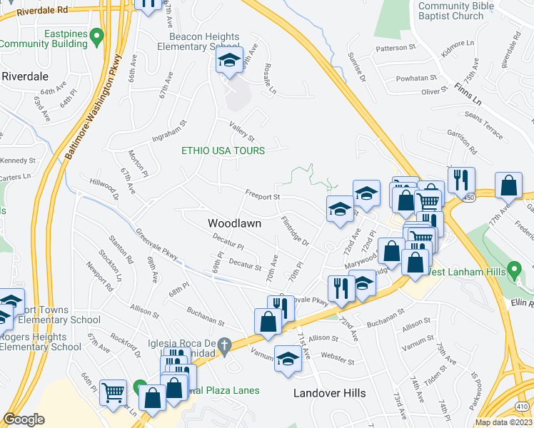map of restaurants, bars, coffee shops, grocery stores, and more near 6812 Farragut Street in Hyattsville