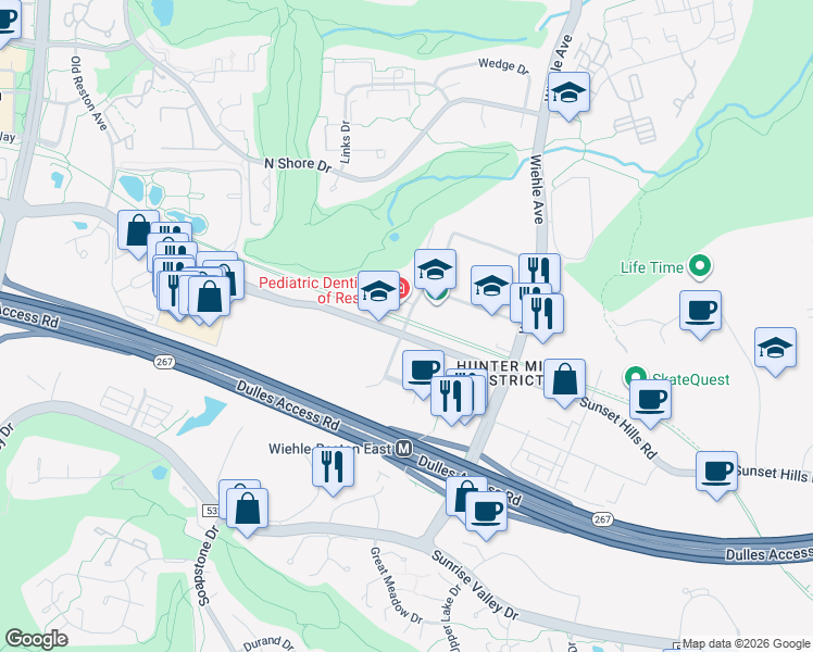 map of restaurants, bars, coffee shops, grocery stores, and more near 11413 Isaac Newton Square in Reston