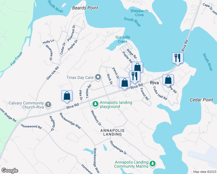 map of restaurants, bars, coffee shops, grocery stores, and more near 3033 Marlin Drive in Riva