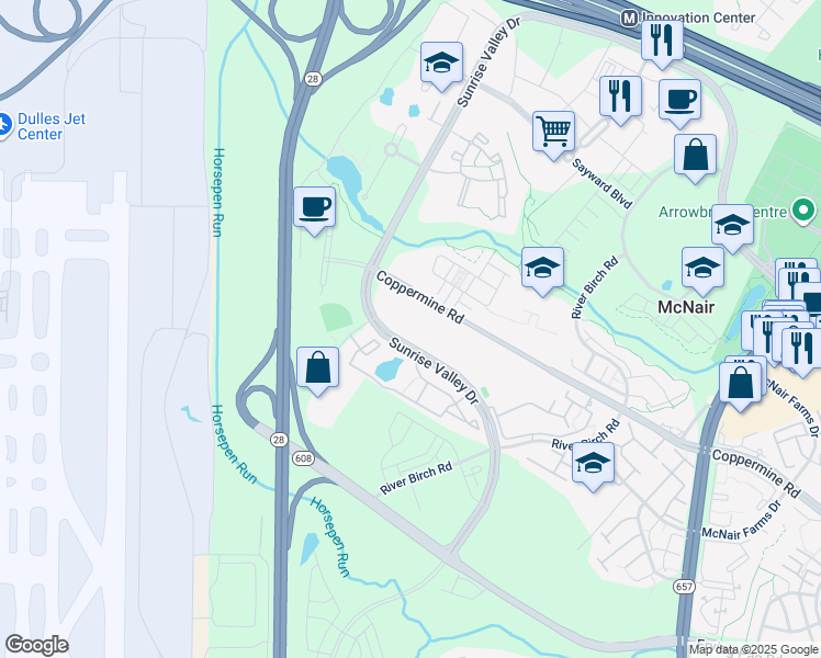 map of restaurants, bars, coffee shops, grocery stores, and more near 2525 Network Place in Herndon