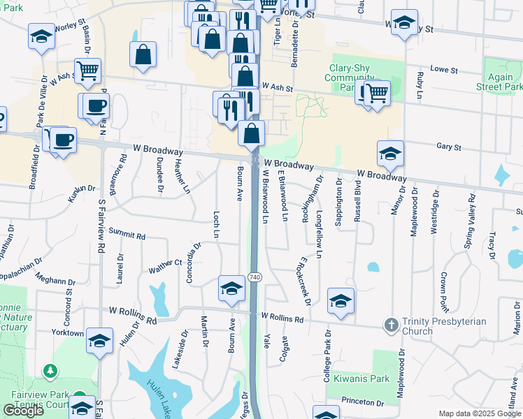 map of restaurants, bars, coffee shops, grocery stores, and more near 205 West Briarwood Lane in Columbia