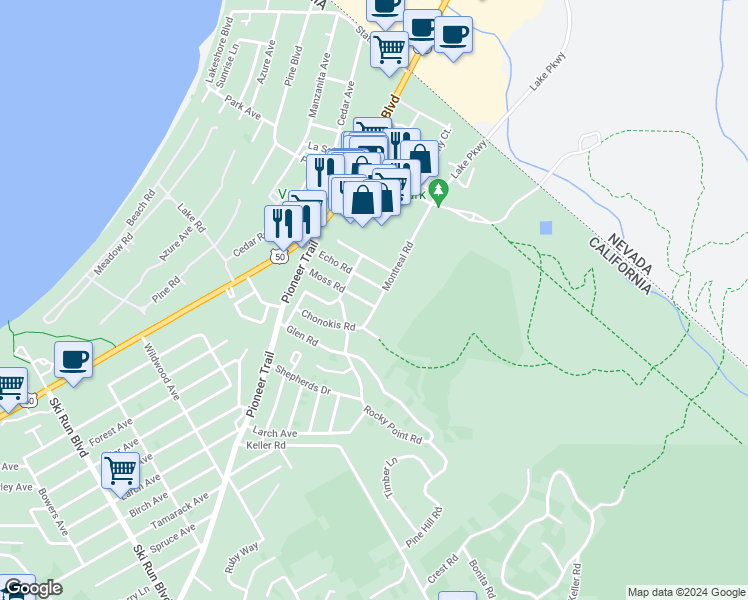 map of restaurants, bars, coffee shops, grocery stores, and more near 1077 Moss Road in South Lake Tahoe
