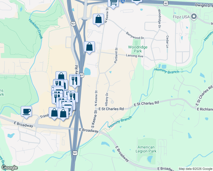 map of restaurants, bars, coffee shops, grocery stores, and more near 109 Albany Drive in Columbia