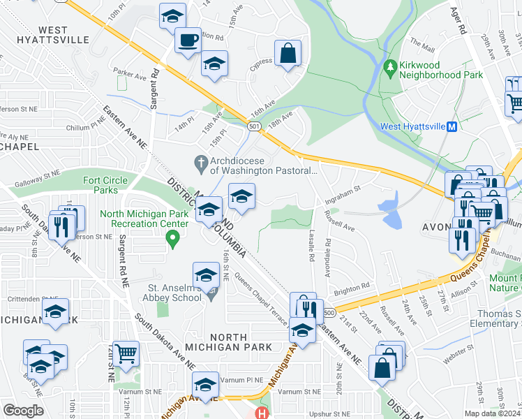 map of restaurants, bars, coffee shops, grocery stores, and more near 4907 Eastern Avenue Northeast in Hyattsville