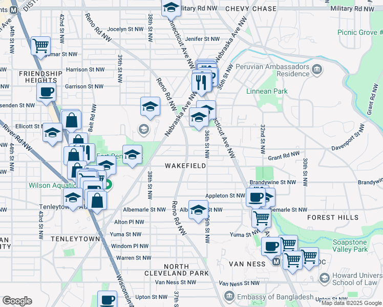 map of restaurants, bars, coffee shops, grocery stores, and more near 3627 Cumberland Street Northwest in Washington
