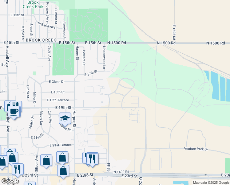 map of restaurants, bars, coffee shops, grocery stores, and more near 1909 East 19th Street in Lawrence