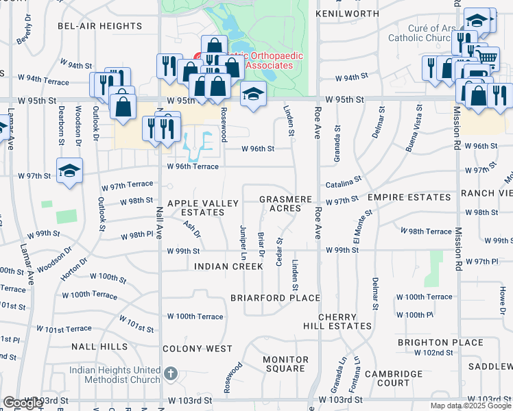 map of restaurants, bars, coffee shops, grocery stores, and more near 5000 West 97th Terrace in Overland Park