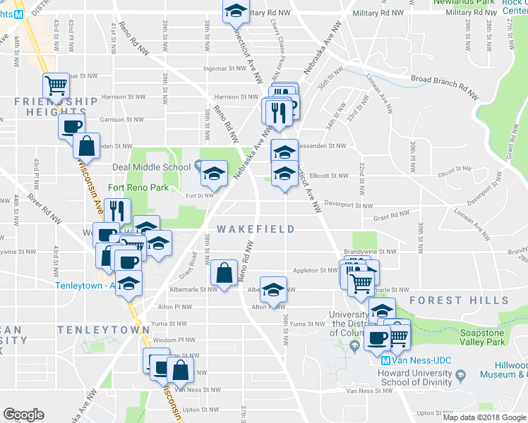 map of restaurants, bars, coffee shops, grocery stores, and more near 3627 Cumberland Street Northwest in Washington