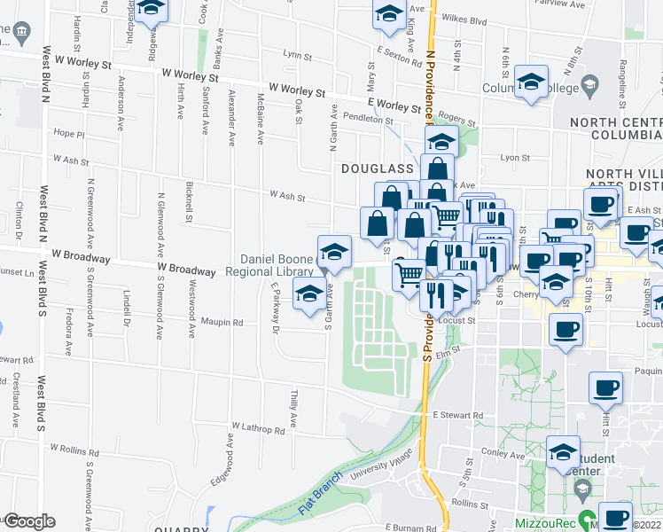 map of restaurants, bars, coffee shops, grocery stores, and more near 2 East Broadway in Columbia