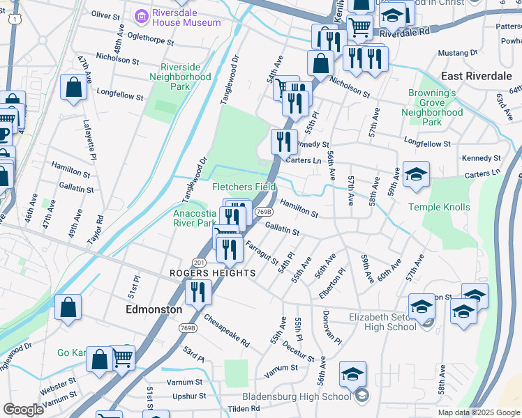 map of restaurants, bars, coffee shops, grocery stores, and more near 5118 Edmonston Road in Hyattsville