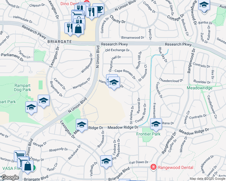 map of restaurants, bars, coffee shops, grocery stores, and more near 3475 Hampton Park Drive in Colorado Springs