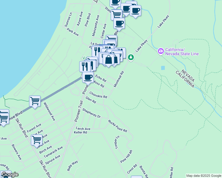 map of restaurants, bars, coffee shops, grocery stores, and more near in South Lake Tahoe