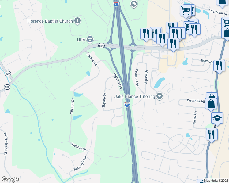 map of restaurants, bars, coffee shops, grocery stores, and more near 10220 Knob Hill Drive in Florence