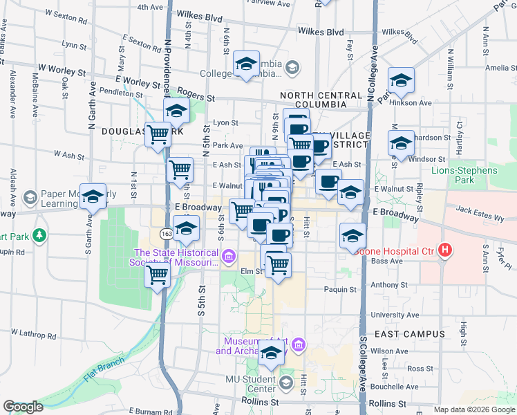 map of restaurants, bars, coffee shops, grocery stores, and more near in Columbia