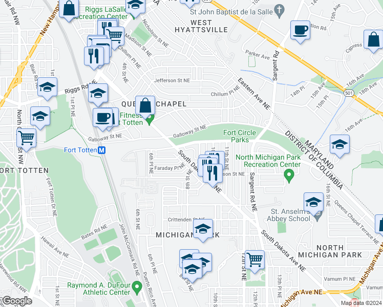 map of restaurants, bars, coffee shops, grocery stores, and more near 5121 South Dakota Avenue Northeast in Washington