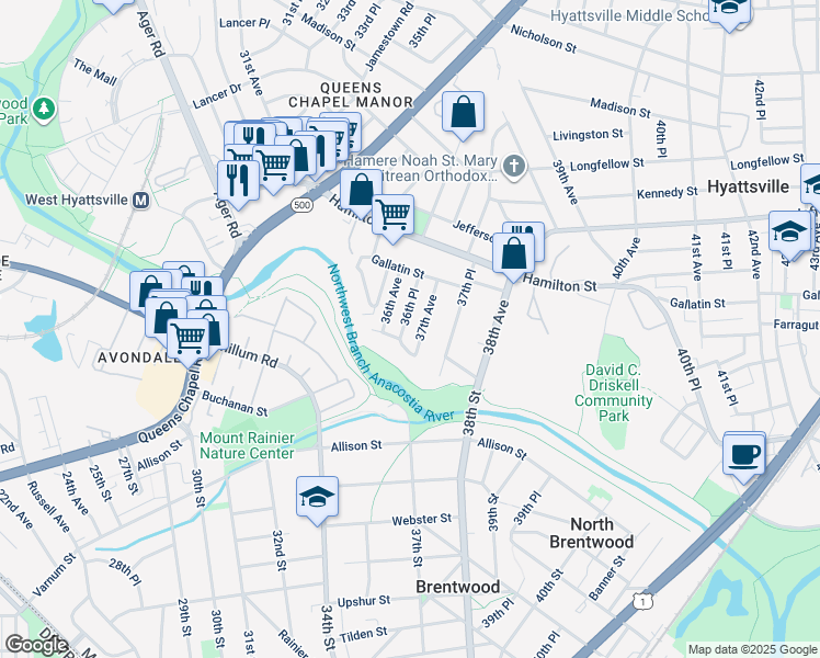 map of restaurants, bars, coffee shops, grocery stores, and more near 5011 36th Place in Hyattsville
