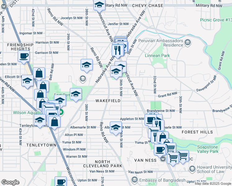 map of restaurants, bars, coffee shops, grocery stores, and more near 3615 Cumberland Street Northwest in Washington