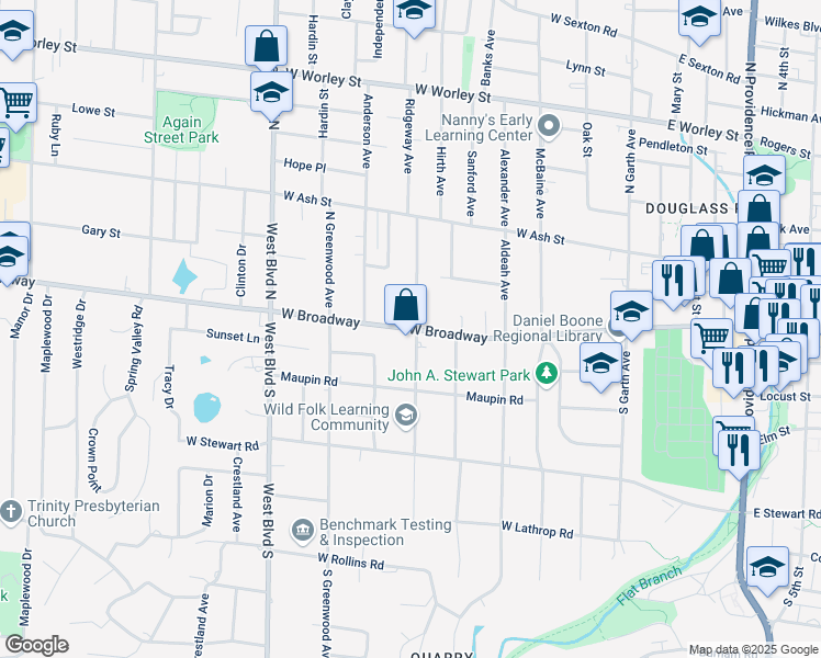map of restaurants, bars, coffee shops, grocery stores, and more near 703 West Broadway in Columbia