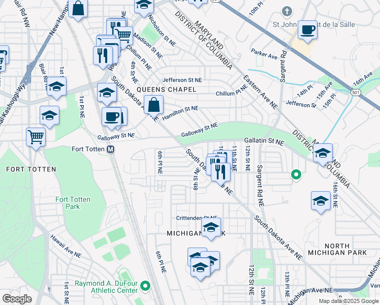 map of restaurants, bars, coffee shops, grocery stores, and more near South Dakota Avenue Northeast & Farragut Place Northeast in Washington