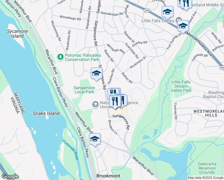 map of restaurants, bars, coffee shops, grocery stores, and more near in Bethesda