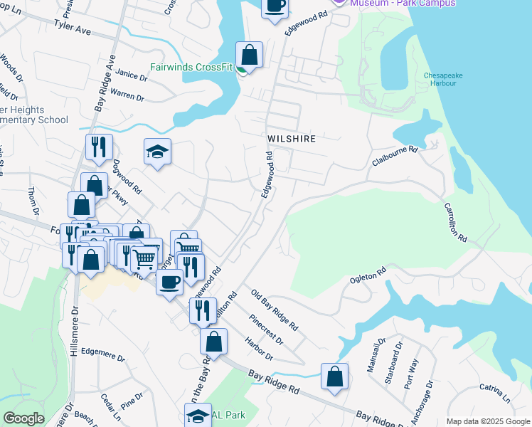 map of restaurants, bars, coffee shops, grocery stores, and more near 935 Breakwater Drive in Annapolis