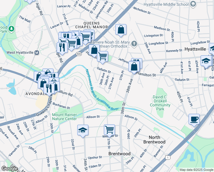 map of restaurants, bars, coffee shops, grocery stores, and more near 5011 36th Place in Hyattsville