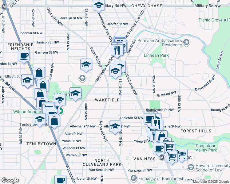 map of restaurants, bars, coffee shops, grocery stores, and more near 3615 Cumberland Street Northwest in Washington