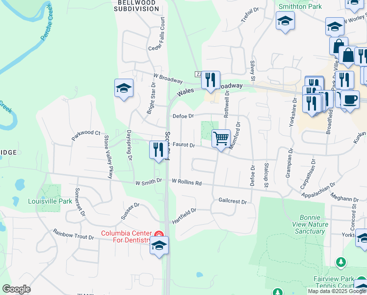 map of restaurants, bars, coffee shops, grocery stores, and more near 4207 Faurot Drive in Columbia