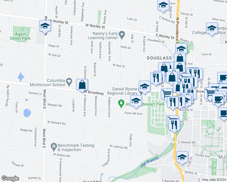 map of restaurants, bars, coffee shops, grocery stores, and more near 307 West Broadway in Columbia