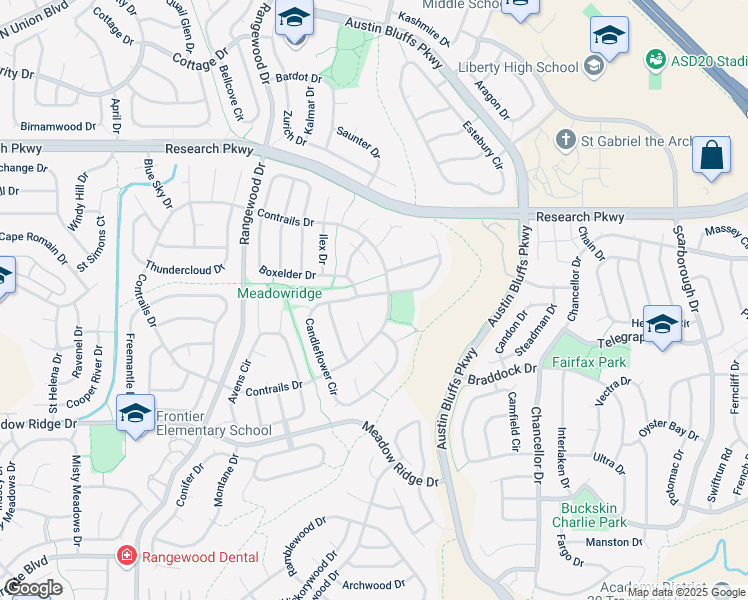 map of restaurants, bars, coffee shops, grocery stores, and more near 8435 Candleflower Circle in Colorado Springs