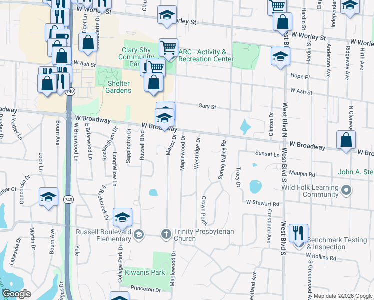 map of restaurants, bars, coffee shops, grocery stores, and more near 100 Maplewood Drive in Columbia