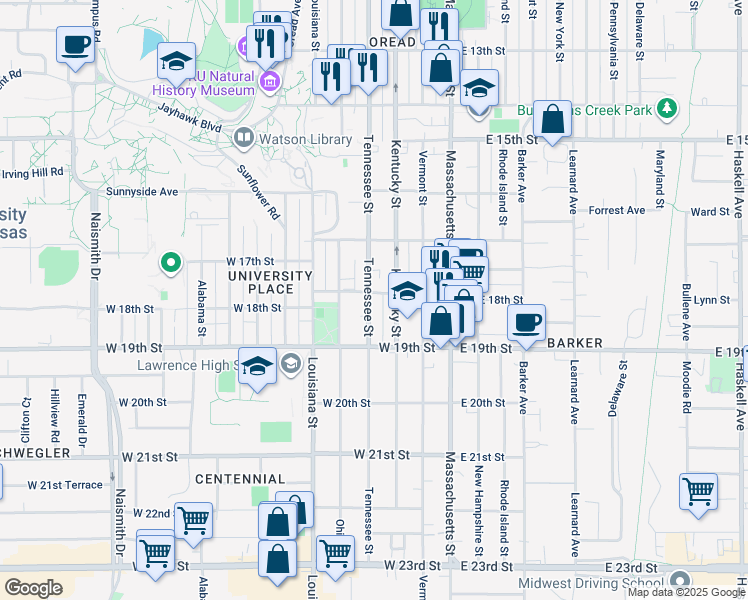 map of restaurants, bars, coffee shops, grocery stores, and more near 1804 Tennessee Street in Lawrence