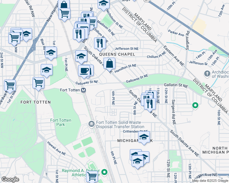 map of restaurants, bars, coffee shops, grocery stores, and more near 5067 6th Place Northeast in Washington