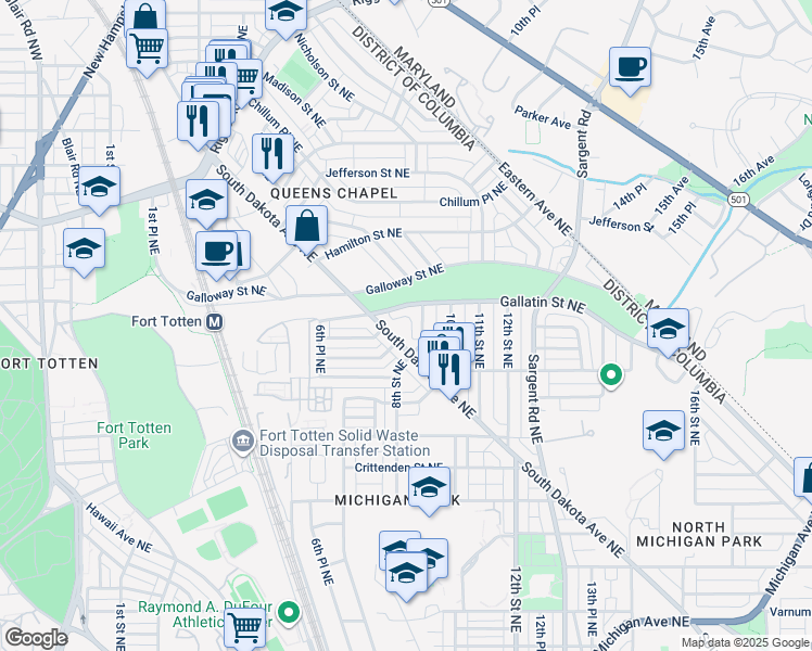 map of restaurants, bars, coffee shops, grocery stores, and more near 5121 South Dakota Avenue Northeast in Washington