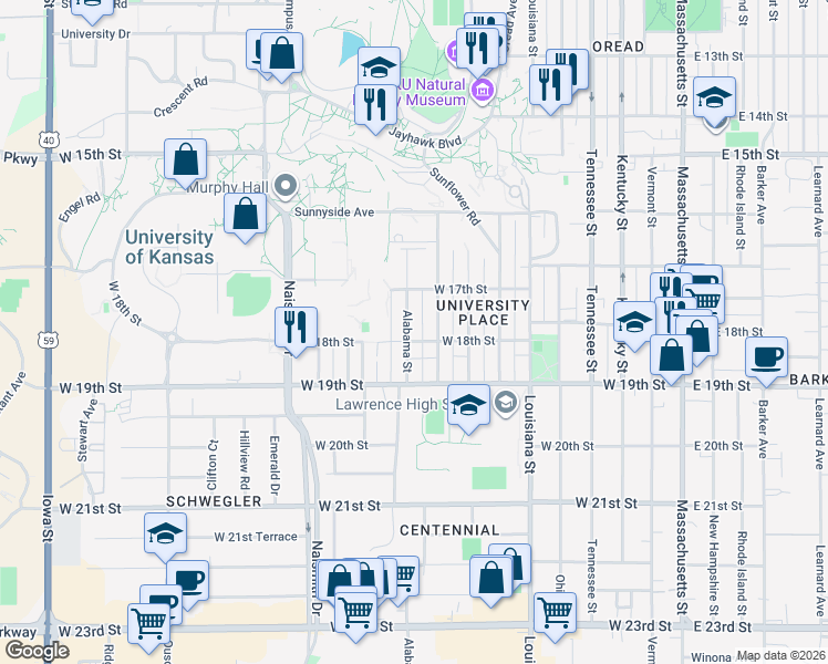 map of restaurants, bars, coffee shops, grocery stores, and more near 1725 Alabama Street in Lawrence