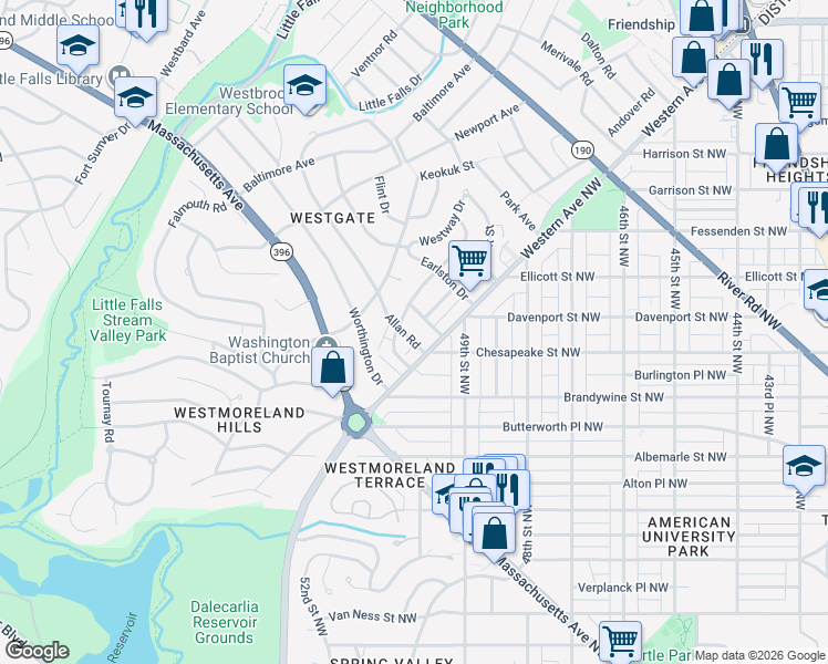 map of restaurants, bars, coffee shops, grocery stores, and more near 4949 Allan Road in Bethesda