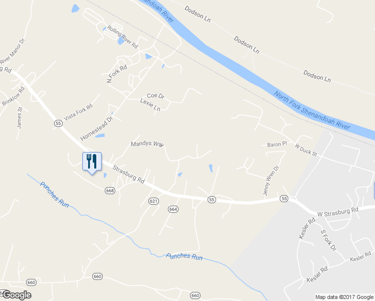 map of restaurants, bars, coffee shops, grocery stores, and more near 379 Mandys Way in Front Royal