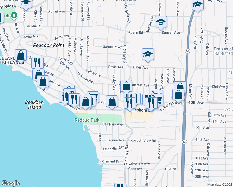 map of restaurants, bars, coffee shops, grocery stores, and more near 4392 Lasky Avenue in Clearlake