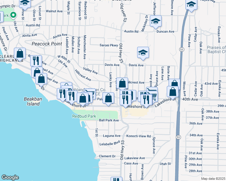 map of restaurants, bars, coffee shops, grocery stores, and more near 4392 Lasky Avenue in Clearlake