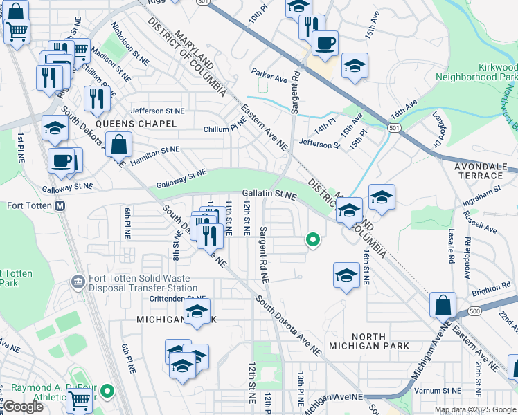 map of restaurants, bars, coffee shops, grocery stores, and more near 5038 Sargent Road Northeast in Washington