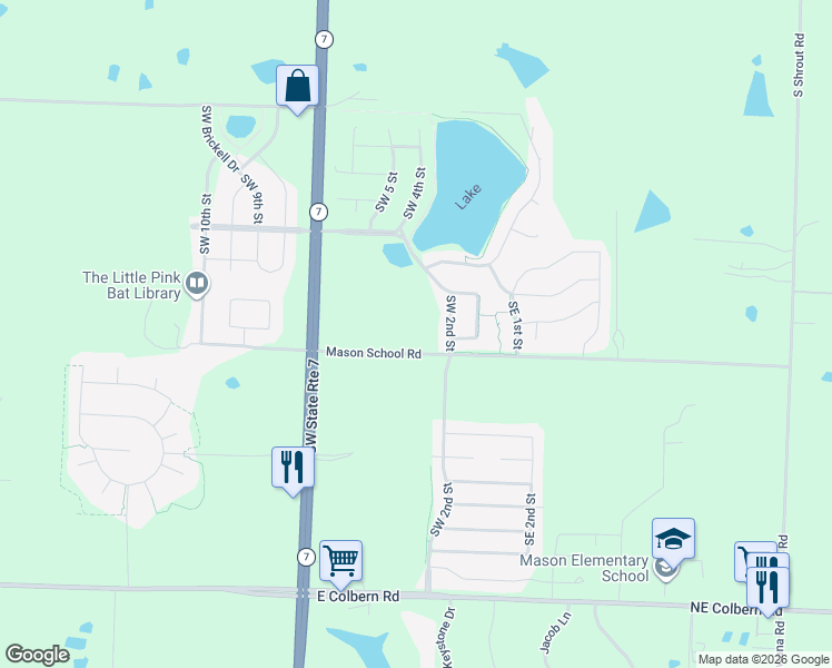 map of restaurants, bars, coffee shops, grocery stores, and more near 26708 Mason School Road in Blue Springs