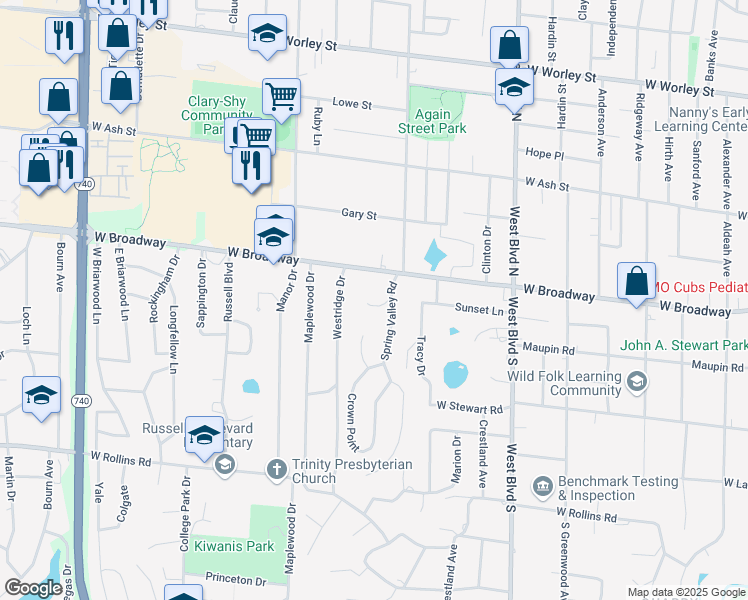 map of restaurants, bars, coffee shops, grocery stores, and more near 1307 Garden Court in Columbia