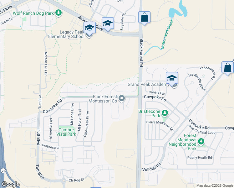 map of restaurants, bars, coffee shops, grocery stores, and more near 8245 Misty Moon Drive in Colorado Springs