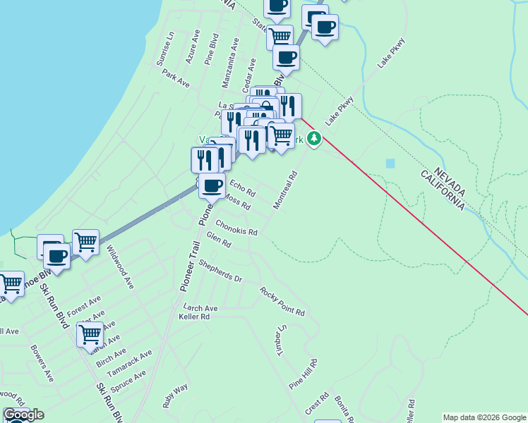 map of restaurants, bars, coffee shops, grocery stores, and more near 1053 Moss Road in South Lake Tahoe