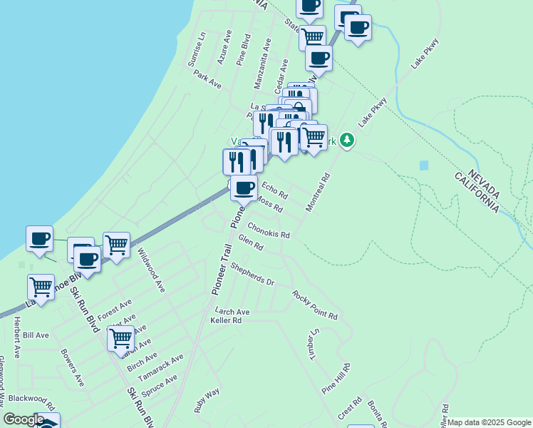 map of restaurants, bars, coffee shops, grocery stores, and more near 1022 Moss Road in South Lake Tahoe