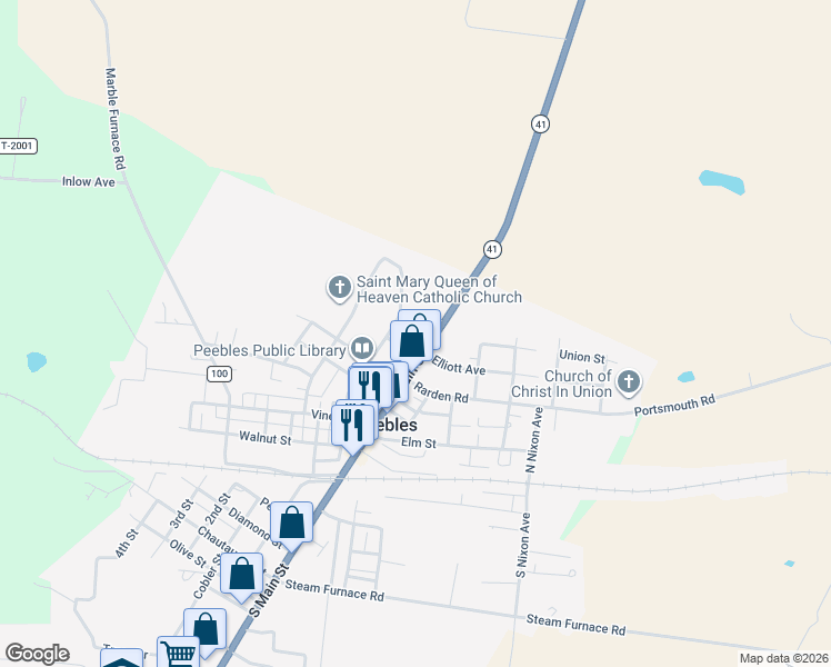 map of restaurants, bars, coffee shops, grocery stores, and more near 185 North Main Street in Peebles