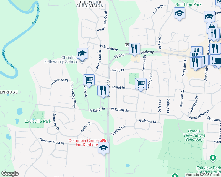 map of restaurants, bars, coffee shops, grocery stores, and more near 4207 Faurot Drive in Columbia