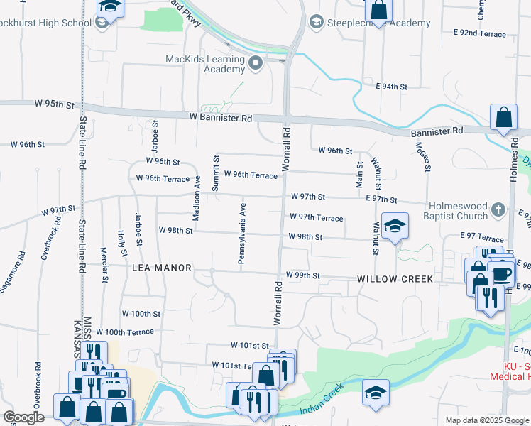map of restaurants, bars, coffee shops, grocery stores, and more near 517 West 97th Street in Kansas City